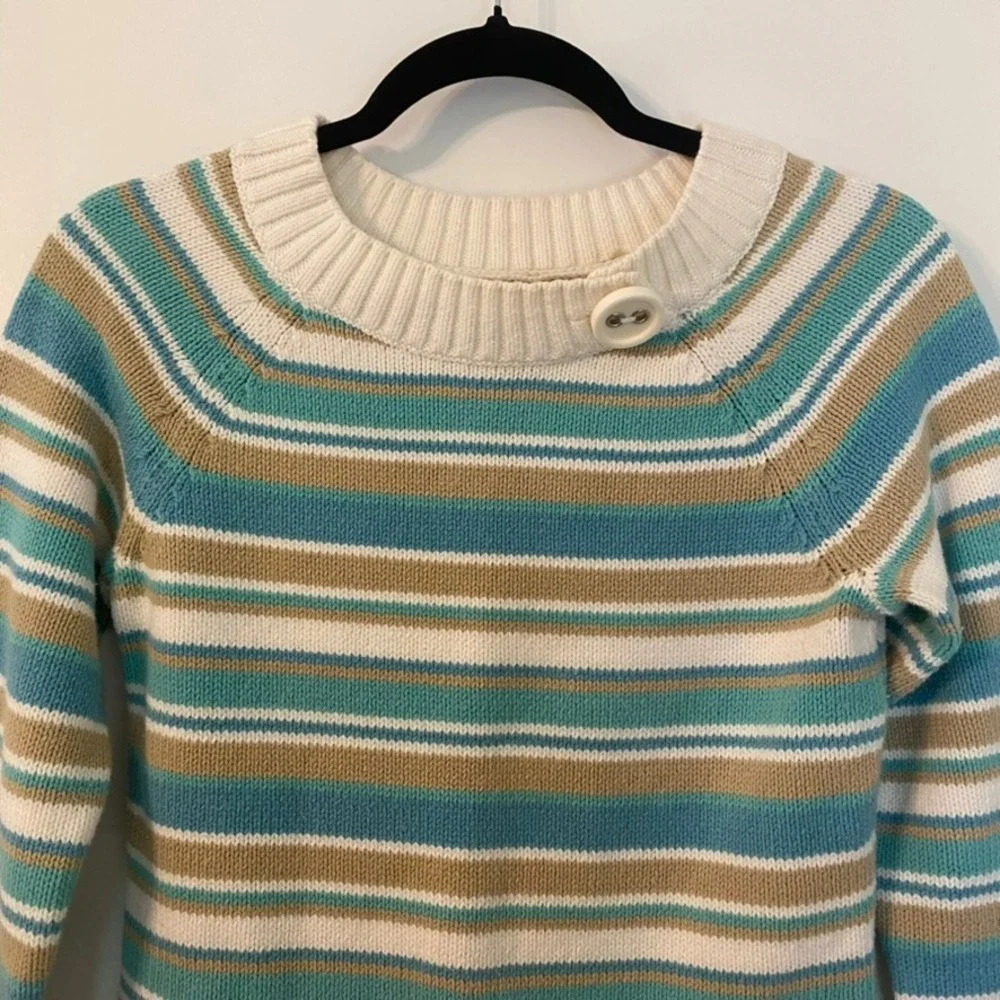 Teal‎ & Tan Striped Button Shoulder Sweater S Boho Chic Coastal Cottagecore Knit